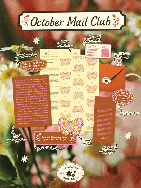 October Mail Club stationery bundle featuring a butterfly-themed letter template, postcard, bookmarks, vinyl stickers, and a digital wallpaper design displayed over a soft-focus floral background.